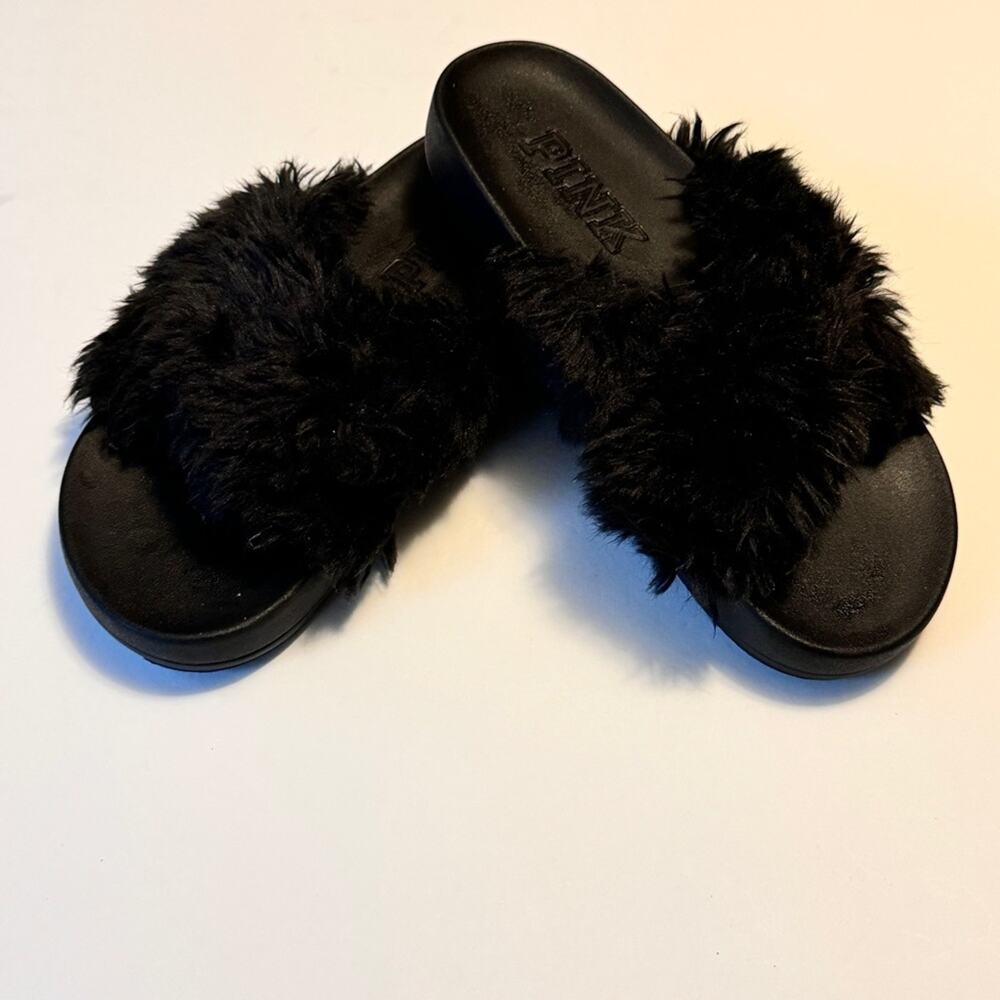 Victoria's Secret Women's Lounge Cozy Durable  PINK Black Fuzzy Slippers Sz S